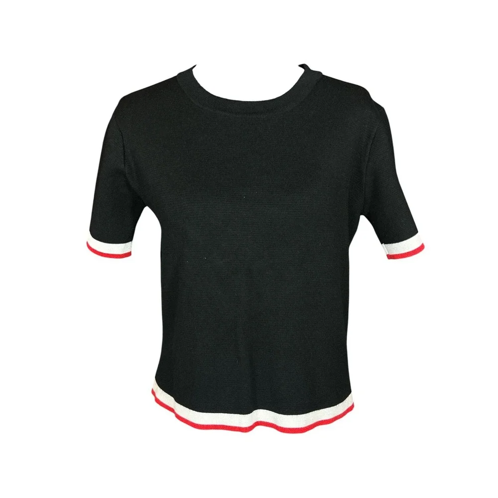 Zara Knit Black Short Sleeve Sweater Top Red White Trim Women's‎ Size M Viscose